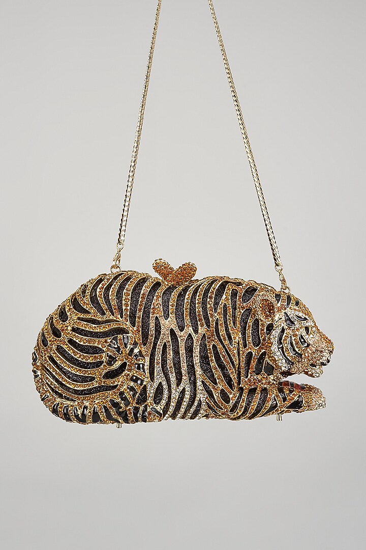 Gold & Black Metal Crystal Embedded Clutch by Alor Bags at Pernia's Pop Up Shop
