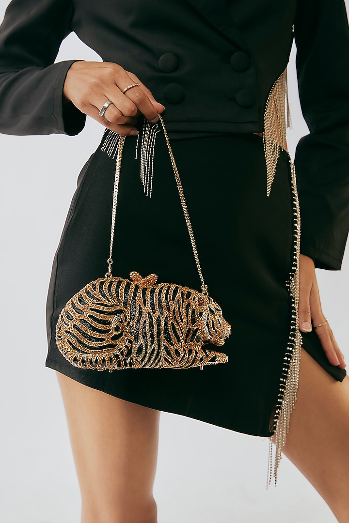 Gold & Black Metal Crystal Embedded Clutch by Alor Bags at Pernia's Pop Up Shop