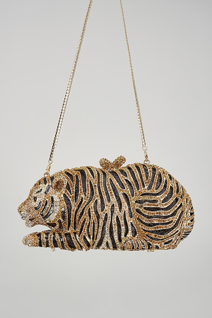 Gold & Black Metal Crystal Embedded Clutch by Alor Bags at Pernia's Pop Up Shop