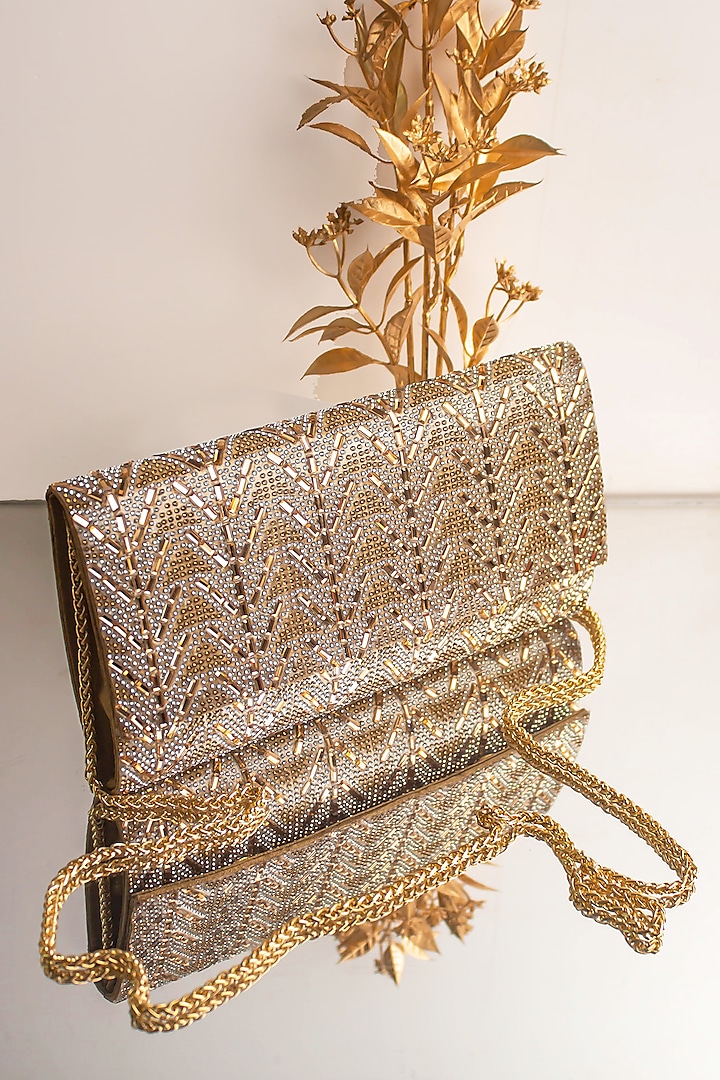 Muted Gold Crystal & Bead Embellished Envelope Clutch by Alor Bags at Pernia's Pop Up Shop