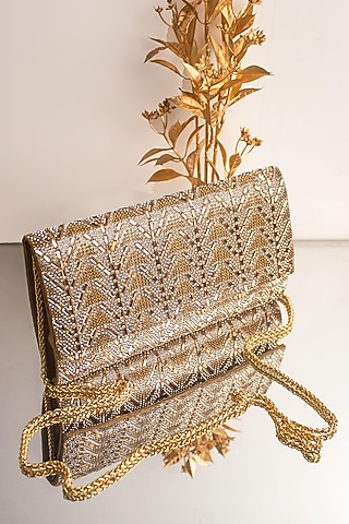 Muted Gold Crystal & Bead Embellished Envelope Clutch by Alor Bags