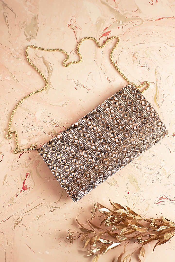 Muted Gold Crystal & Bead Embellished Envelope Clutch by Alor Bags at Pernia's Pop Up Shop