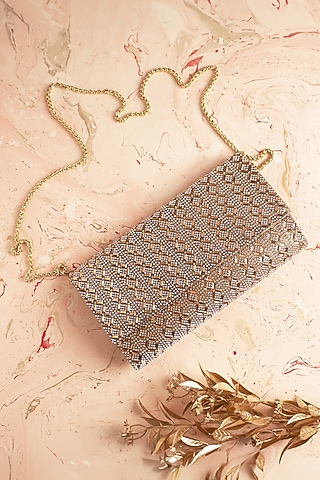 Muted Gold Crystal & Bead Embellished Envelope Clutch by Alor Bags