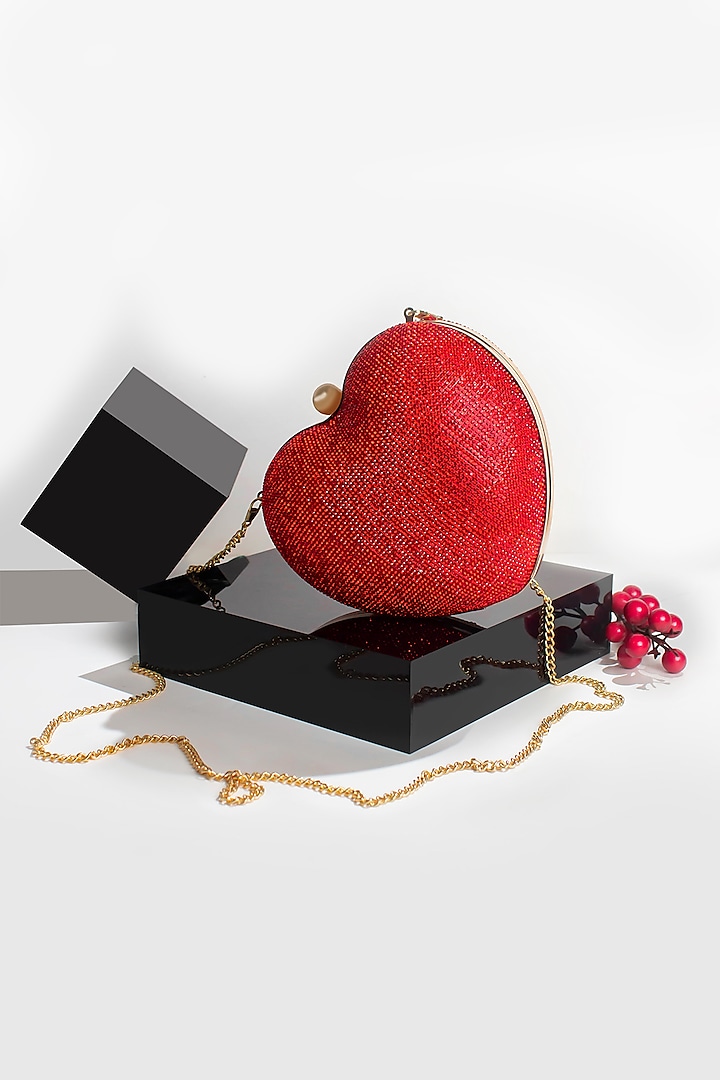 Red Crystal Embellished Heart Clutch by Alor Bags