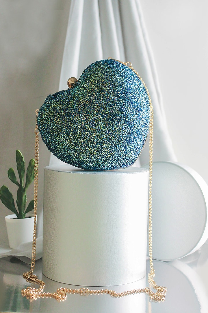 Blue Crystal Embellished Heart Clutch by Alor Bags at Pernia's Pop Up Shop