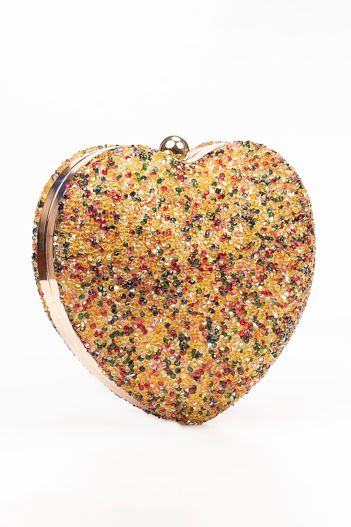 Yellow Crystal Embellished Heart Clutch by Alor Bags