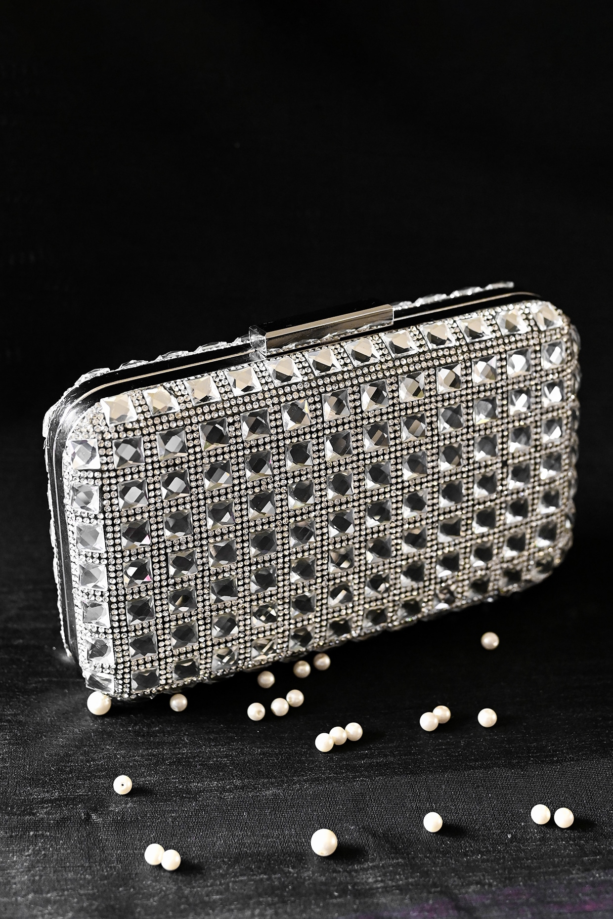 Rhinestone Embellished Clutch Evening Bag Purse - Silver Iridescent –  Sophia Collection