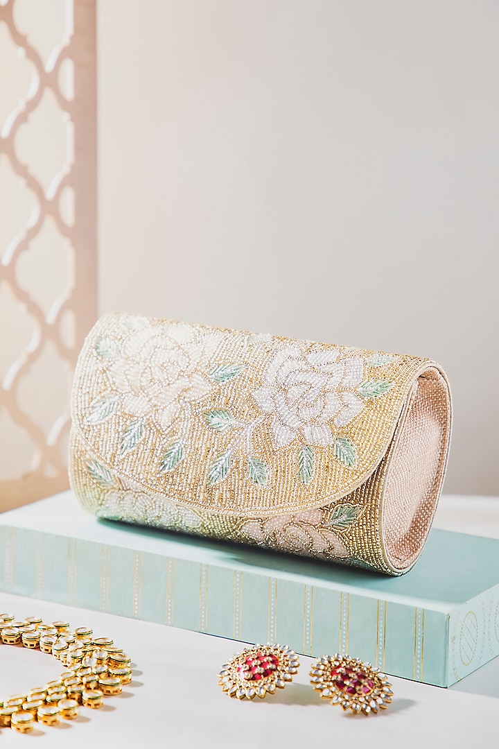 Light Gold Crystal & Fabric Embellished Envelope Clutch by Alor Bags at Pernia's Pop Up Shop