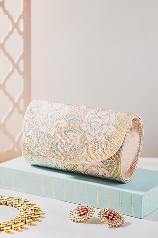 Light Gold Crystal & Fabric Embellished Envelope Clutch by Alor Bags