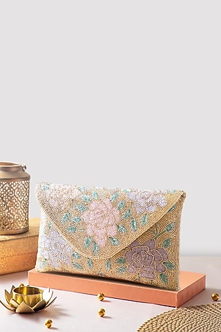 Light Gold Bead & Fabric Envelope Clutch by Alor Bags