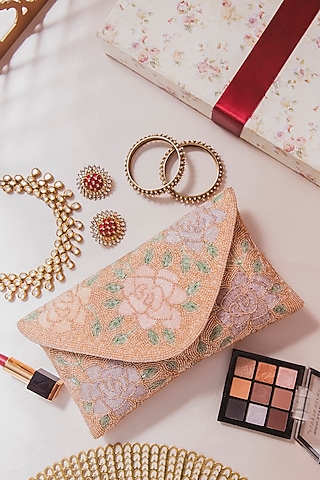 Rose Gold Bead Fabric Envelope Clutch by Alor Bags at Pernia's