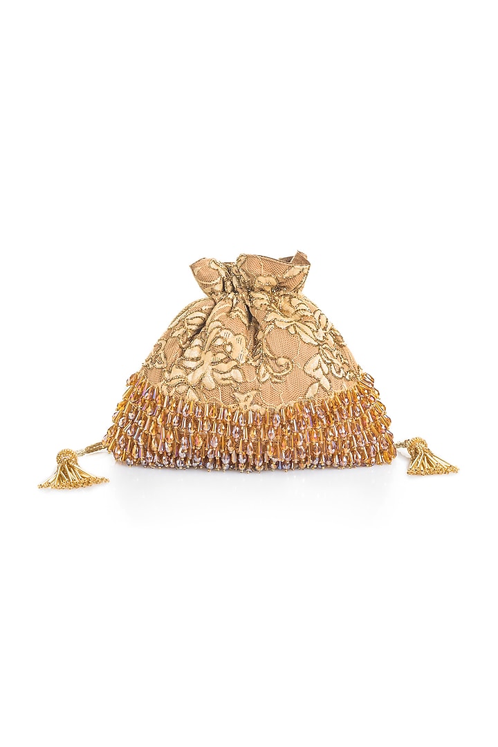 Gold Cutdana Embroidered Potli With Tassels by Aloha by PS
