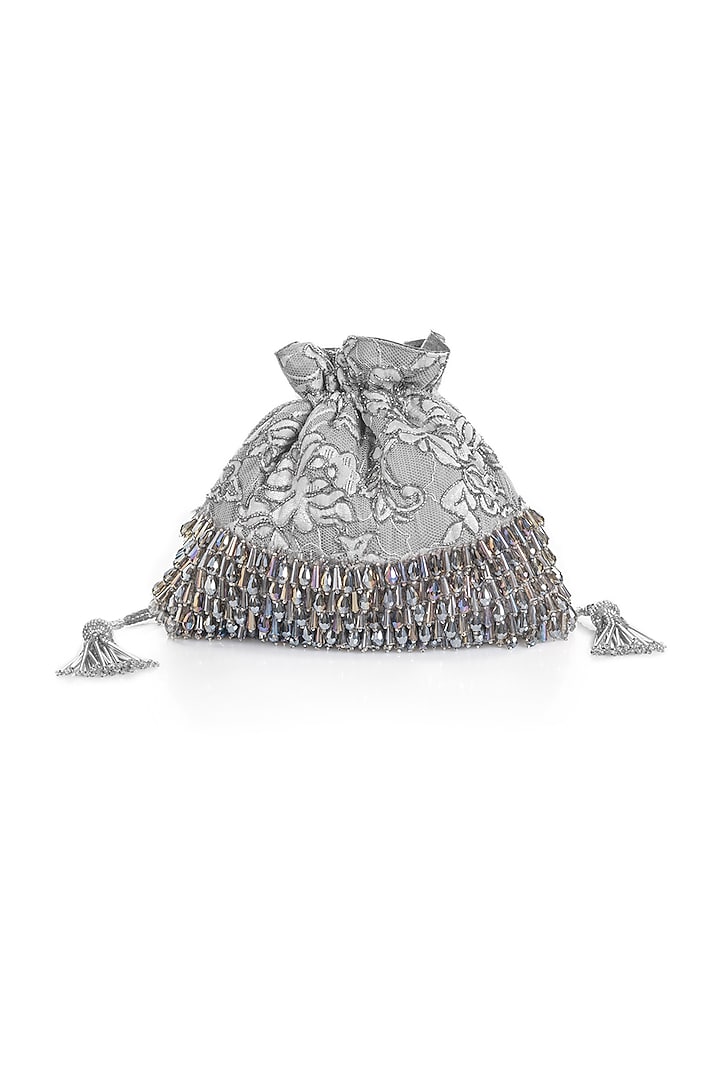 Greyish Silver Embroidered Potli With Tassels by Aloha by PS