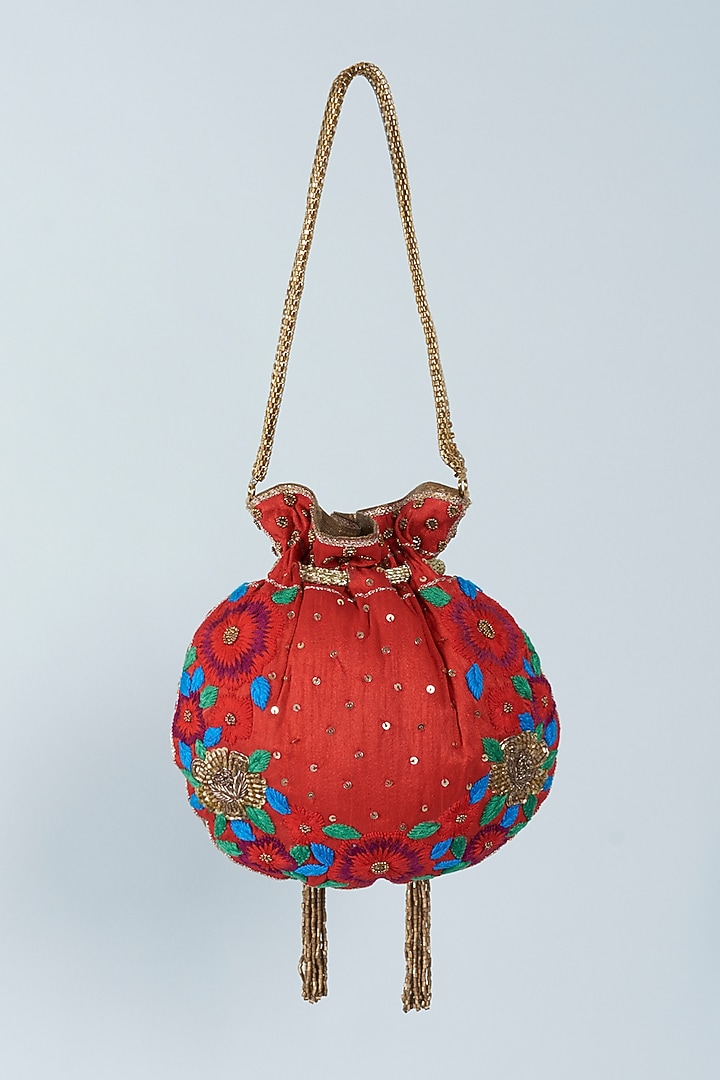 Tomato Red Embroidered Potli by Aloha by PS at Pernia's Pop Up Shop