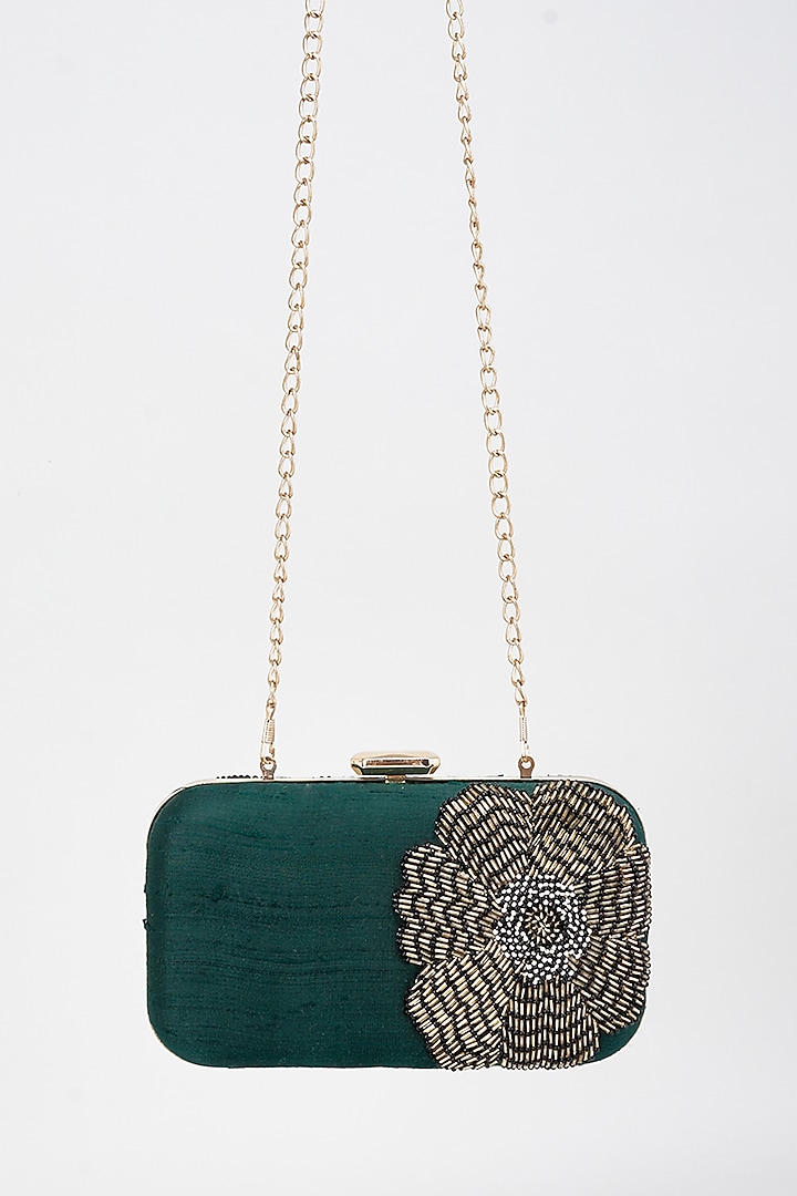 Green Raw Silk Hand Embroidered Potli by Aloha by PS at Pernia's Pop Up Shop