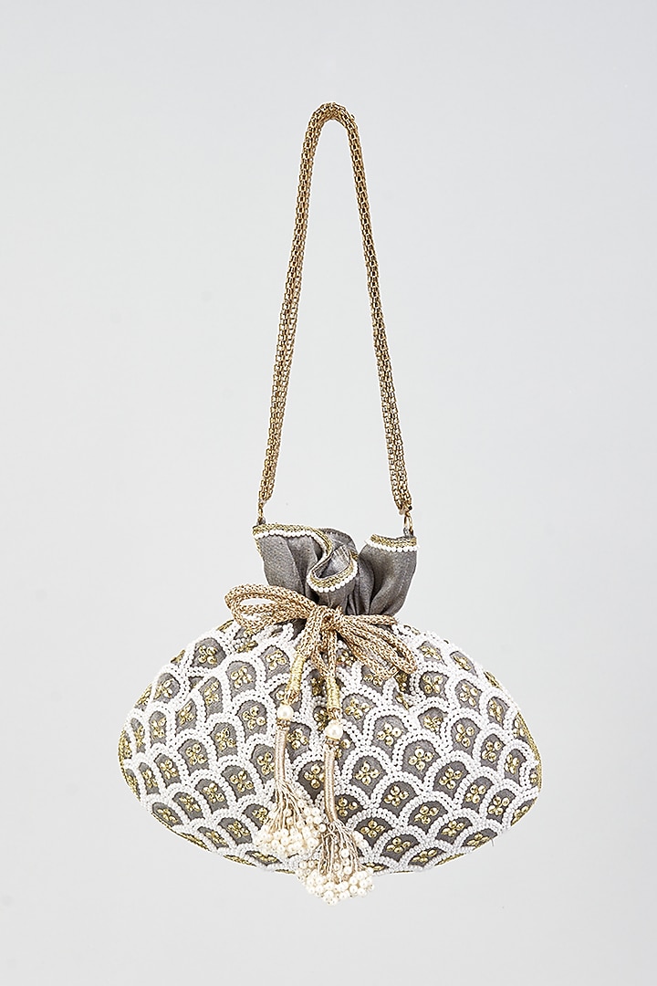 Grey Silk Embroidered Potli by Aloha by PS at Pernia's Pop Up Shop