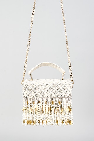 White Silk & MDF Embroidered Box Clutch by Aloha by PS