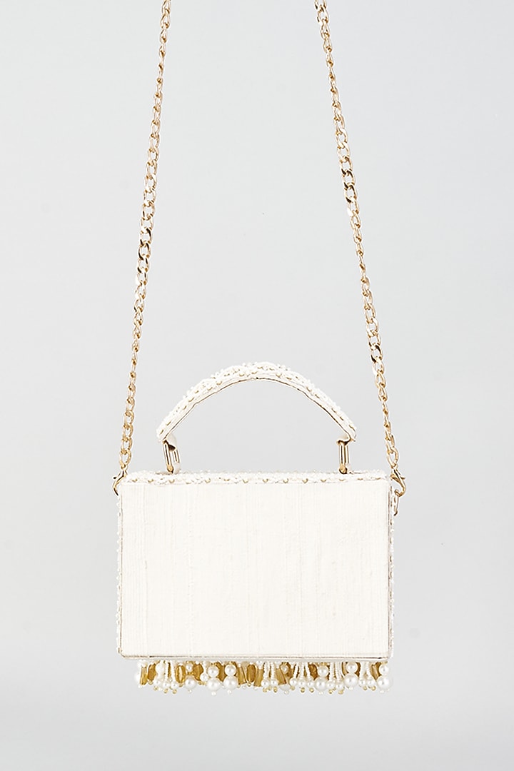 White Silk & MDF Embroidered Box Clutch by Aloha by PS at Pernia's Pop Up Shop