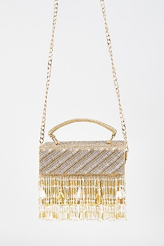 Gold Silk & MDF Embroidered Box Clutch by Aloha by PS