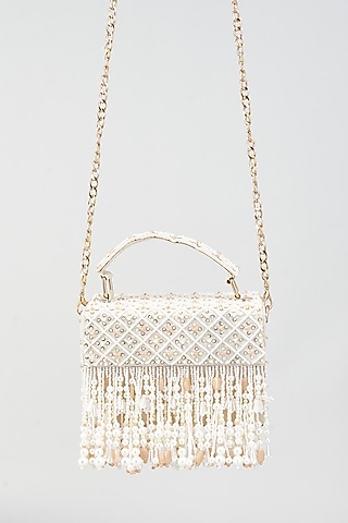 White Silk & MDF Embroidered Box Clutch by Aloha by PS