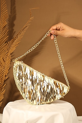 Gold Georgette Sequins Work Shoulder Bag by Aloha by PS