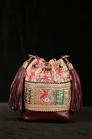 Burgundy Velvet & Leather Bucket Bag by Aloha by PS