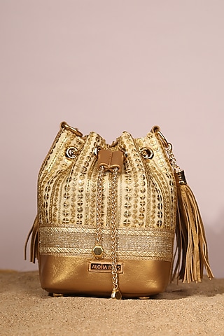 Golden Net & Leather Bucket Bag by Aloha by PS