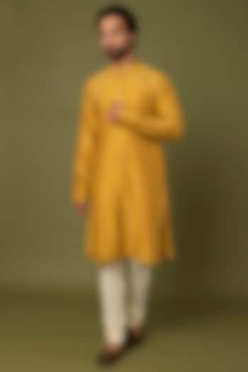 Yellow Pure Chanderi Embroidered Kurta by ALOUKIK at Pernia's Pop Up Shop