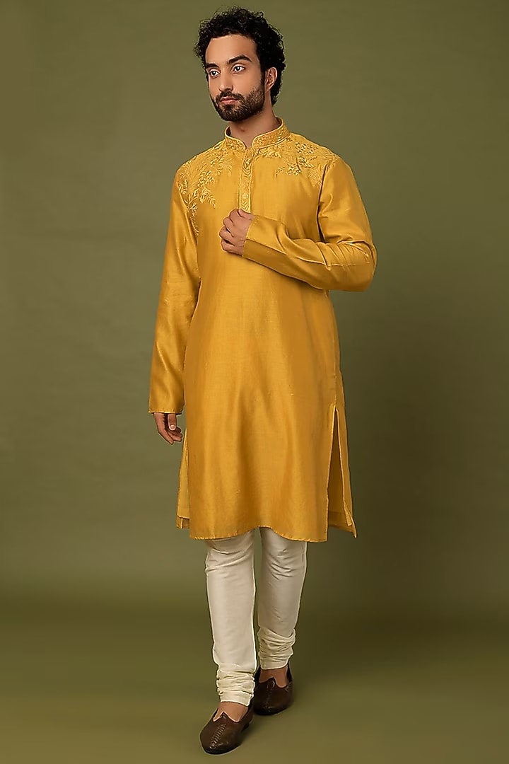 Yellow Pure Chanderi Embroidered Kurta by ALOUKIK at Pernia's Pop Up Shop