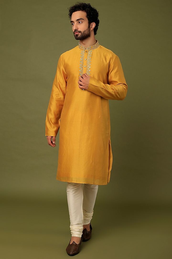Yellow Pure Chanderi Embroidered Kurta by ALOUKIK at Pernia's Pop Up Shop