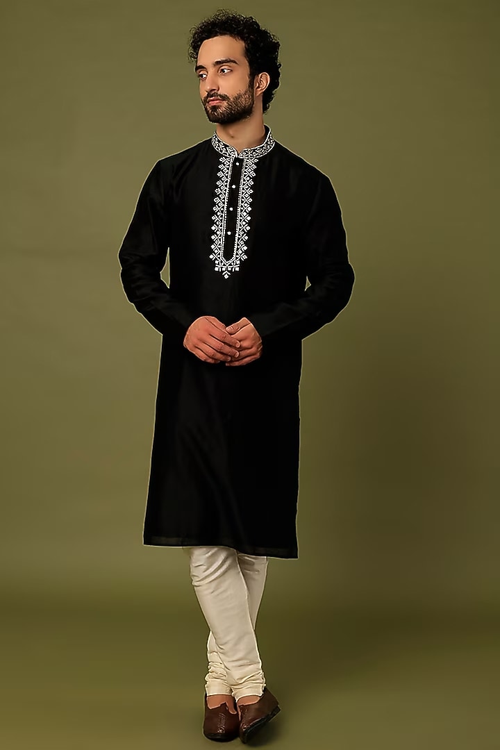 Black Pure Chanderi Embroidered Kurta by ALOUKIK at Pernia's Pop Up Shop