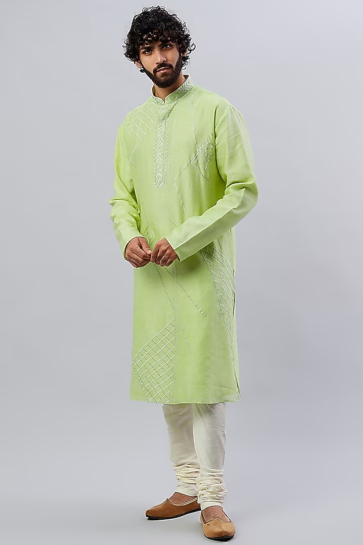 Mint Green Pure Chanderi Machine Embroidered Kurta by ALOUKIK at Pernia's Pop Up Shop