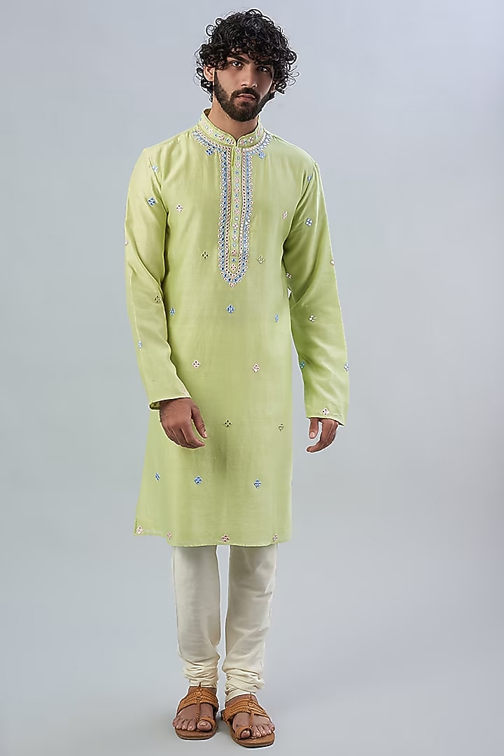 Mint Green Pure Chanderi Thread Embroidered Kurta by ALOUKIK at Pernia's Pop Up Shop