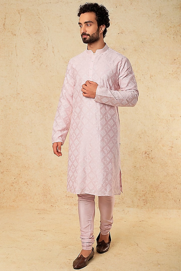 Pink Viscose Silk Embroidered Kurta by ALOUKIK at Pernia's Pop Up Shop