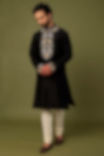 Black Pure Chanderi Embroidered Kurta by ALOUKIK at Pernia's Pop Up Shop