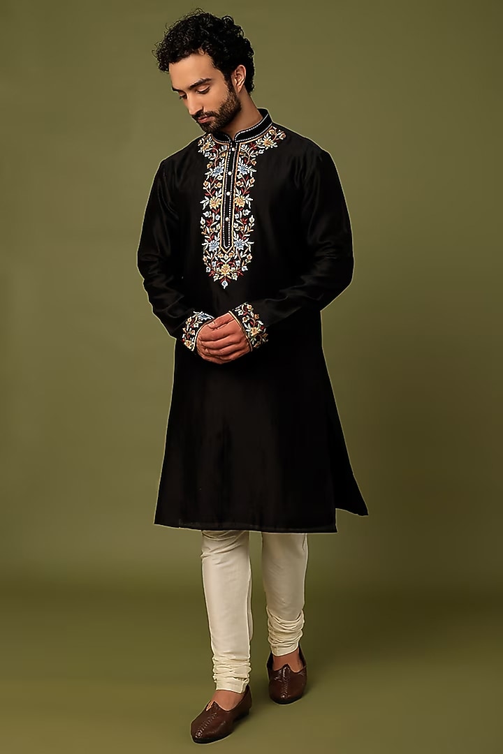 Black Pure Chanderi Embroidered Kurta by ALOUKIK at Pernia's Pop Up Shop