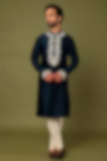 Teal Blue Pure Chanderi Machine Embroidered Kurta by ALOUKIK at Pernia's Pop Up Shop