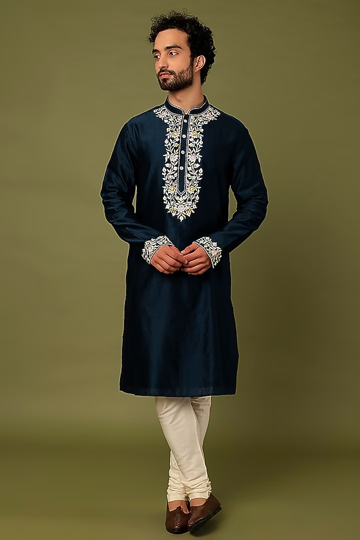 Teal Blue Pure Chanderi Machine Embroidered Kurta by ALOUKIK at Pernia's Pop Up Shop