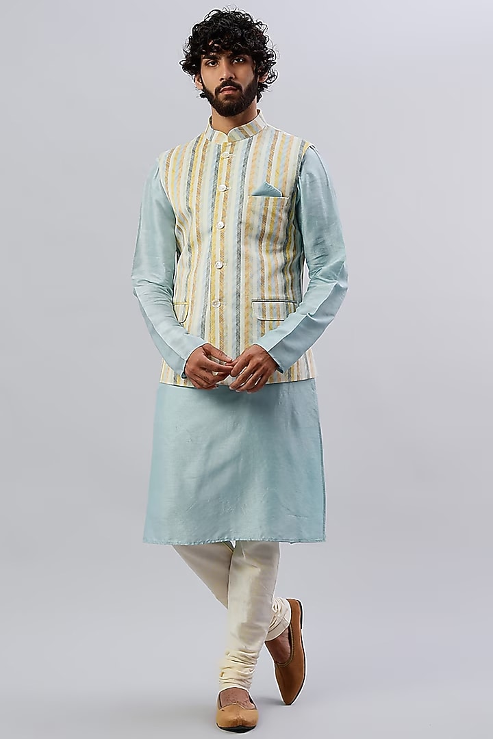 Off-White Viscose Silk & Velvet Printed Nehru Jacket by ALOUKIK at Pernia's Pop Up Shop