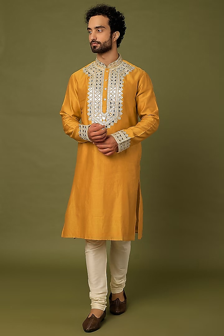 Yellow Pure Chanderi Embroidered Kurta by ALOUKIK at Pernia's Pop Up Shop