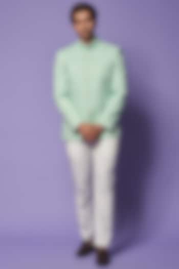 Sage Green Cotton & Silk Embroidered Bandhgala by ALOUKIK at Pernia's Pop Up Shop