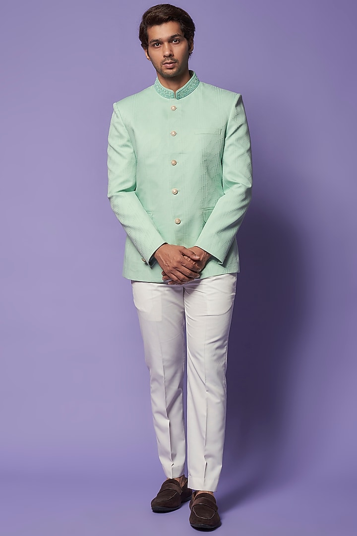 Sage Green Cotton & Silk Embroidered Bandhgala by ALOUKIK at Pernia's Pop Up Shop