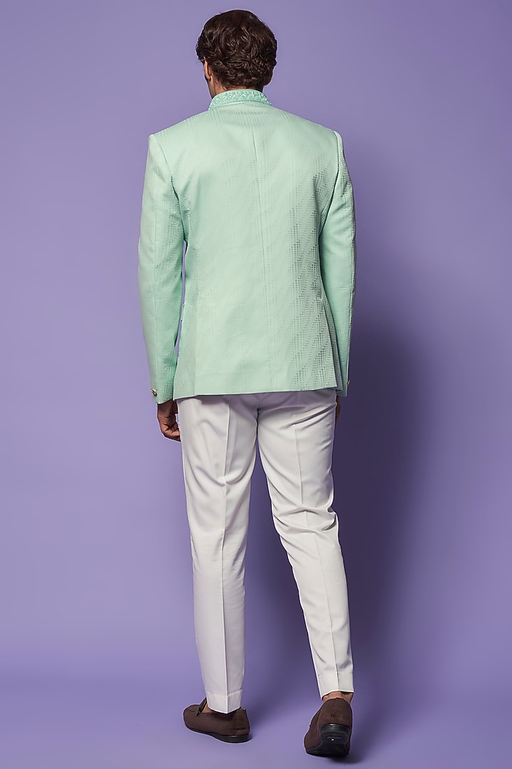 Sage Green Cotton & Silk Embroidered Bandhgala by ALOUKIK at Pernia's Pop Up Shop
