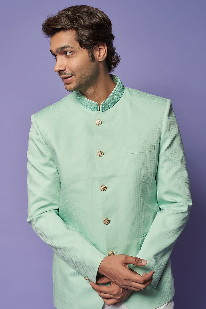 Sage Green Cotton & Silk Embroidered Bandhgala by ALOUKIK at Pernia's Pop Up Shop