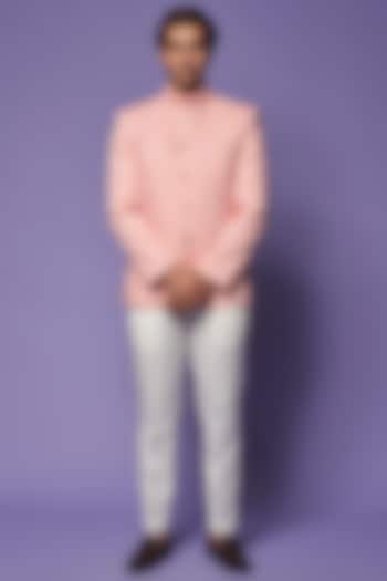 Peach Cotton & Silk Embroidered Bandhgala by ALOUKIK at Pernia's Pop Up Shop