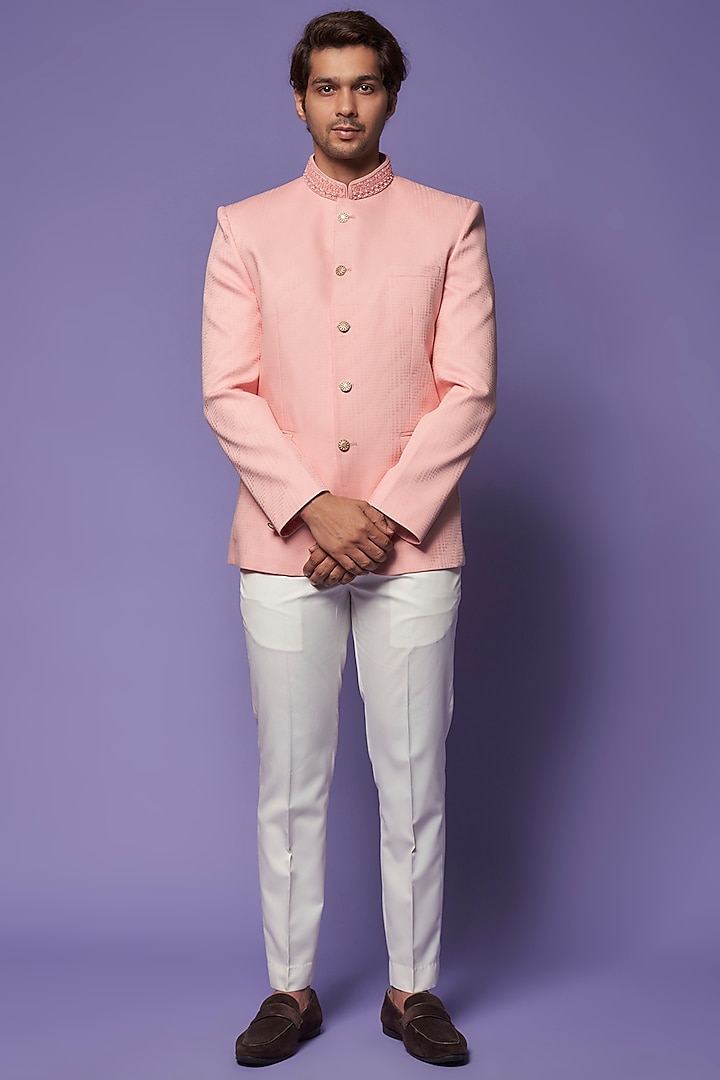 Peach Cotton & Silk Embroidered Bandhgala by ALOUKIK at Pernia's Pop Up Shop