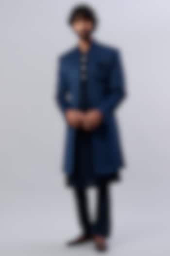 Navy Blue Velvet Indowestern Jacket by ALOUKIK at Pernia's Pop Up Shop