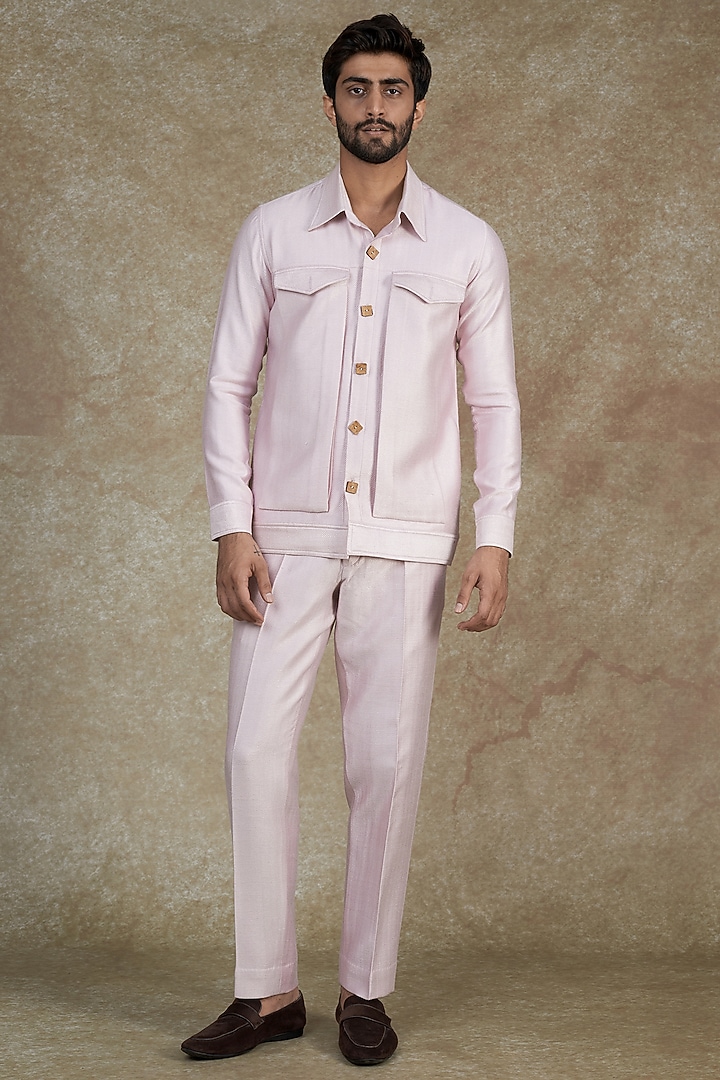 Blush Pink Silk Blend Bomber Jacket Set by ALOUKIK at Pernia's Pop Up Shop