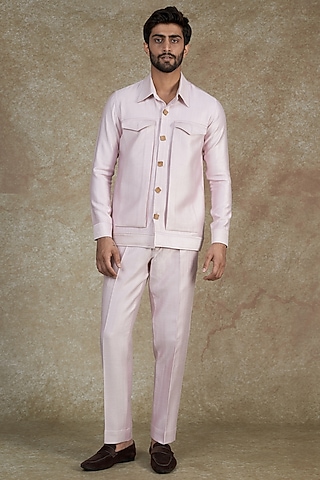 Blush Pink Silk Blend Bomber Jacket Set by ALOUKIK