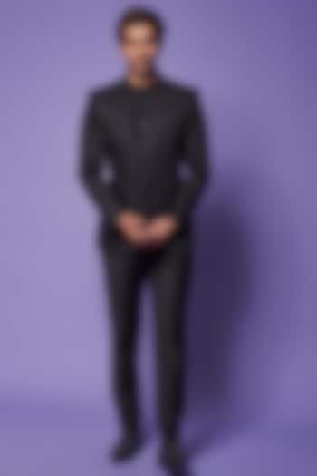 Black Cotton & Silk Embroidered Bandhgala by ALOUKIK at Pernia's Pop Up Shop